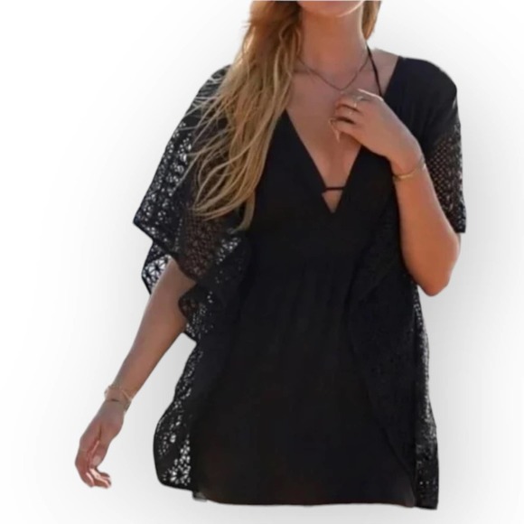 VICTORIA’S Secret Swim Cover Up Plunge Tunic Caftan Open Back Black Size M - Picture 3 of 10